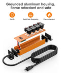 Magnetic Heavy Duty Power Strip With Four Outlets And 20 Amp Individual Switches And Master Switch 12 Gauge Extension Cord Six Foot Length Wall Mountable Surge Protector For Garage And Industrial Use Bright Orange with grounded aluminum housing.