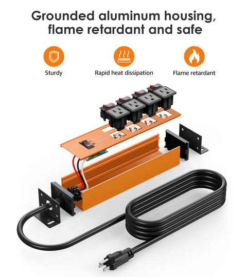 Magnetic Heavy Duty Power Strip With Four Outlets And 20 Amp Individual Switches And Master Switch 12 Gauge Extension Cord Six Foot Length Wall Mountable Surge Protector For Garage And Industrial Use Bright Orange with grounded aluminum housing.