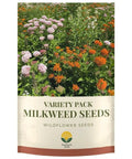 Native Milkweed Variety Pack For Monarch Gardens With Five Essential Species Including Common, Showy, Pink Swamp, Narrowleaf, And Orange Butterfly Milkweed Seeds Non GMO Wildflower Mix For Pollinators package showing colorful flowers