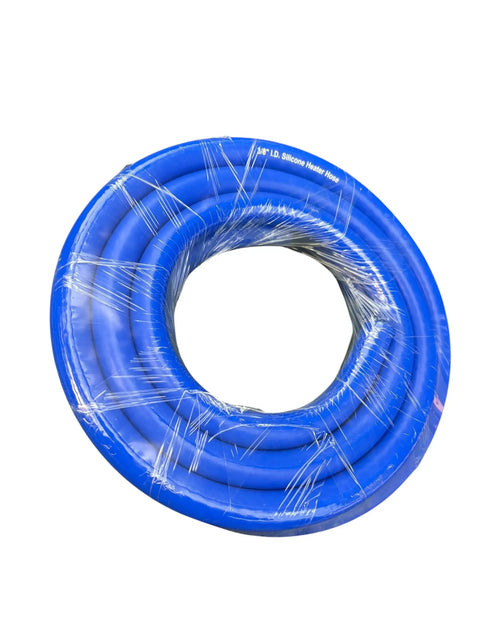 Image of a coiled blue silicone heater hose, 3/8-inch ID, 10-foot roll for auto and industrial use. Three Eighths Of An Inch Silicone Heater Hose Ten Foot Roll Built Tough For Auto And Industrial Use High Temperature Flexible Durable Blue And Orange Hose For Hot And Coolant Air Lines.
