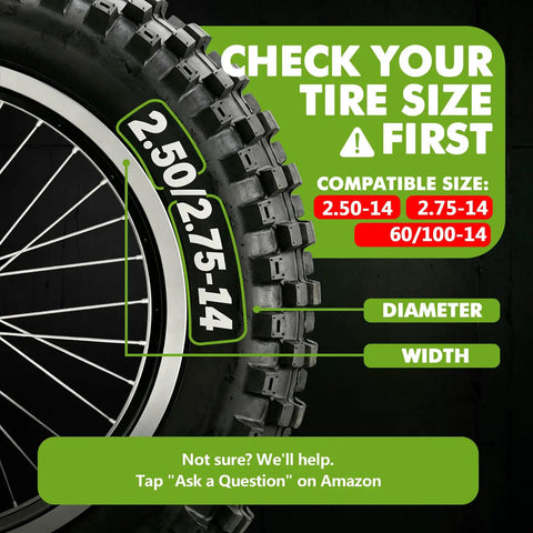 Dirt Bike Inner Tubes for 14 Inch Tires 2.50/2.75-14 and 60/100-14 2 Pack, Fits Dirt Bikes, Pit Bikes, Mini Dirt Bikes and Electric Dirt Bikes, Apollo SSR Compatible, Easy Install, Heavy Duty Tubes for Rugged Trails. 14-inch tire size guide