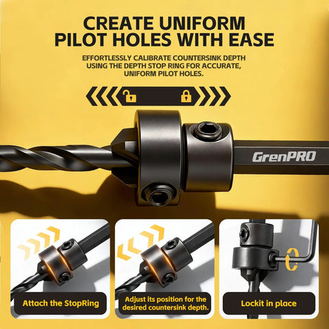 15 Piece Countersink Drill Bit Set With Magnetic Extension Bit Holder And Wood Plug Cutters For Woodworking, Pro Grade Tapered Bits, One Quarter Inch Hex Shank Quick Change, Includes Storage Box showing depth adjustment tool and stop ring in use.