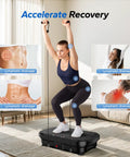 Woman using Vibe Plate Exercise Machine for Lymphatic Drainage and Weight Loss, Bluetooth Enabled Vibrating Plate with LED Display in home gym