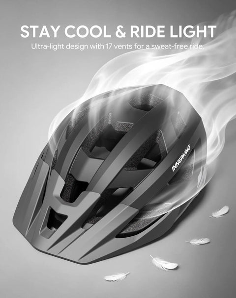 Lightweight Adult Bike Helmet With USB Rechargeable Rear Light, Detachable Magnetic Goggles, and cooling vents visible