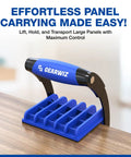 Crush Your Heavy Loadouts With This Panel Carrier Tool For 4x8 Sheets Up To 100 Lbs ergonomic blue handle for easy transportation of large panels.
