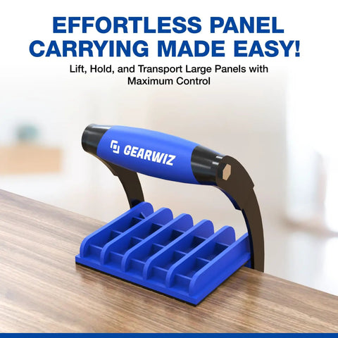 Crush Your Heavy Loadouts With This Panel Carrier Tool For 4x8 Sheets Up To 100 Lbs ergonomic blue handle for easy transportation of large panels.