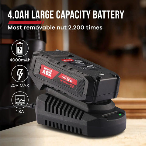 Beefy Cordless Half Inch Brushless Impact Wrench 4.0Ah 20V battery on charger for car repairs and DIY