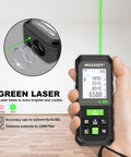 130ft Laser Distance Meter With Dual Bubble Levels showing green laser in empty room, ±1/16 inch accuracy, backlit LCD.