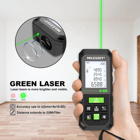 130ft Laser Distance Meter With Dual Bubble Levels showing green laser in empty room, ±1/16 inch accuracy, backlit LCD.
