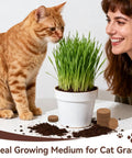 Woman and cat with potted cat grass using 55 Pack Compressed Coco Coir Pellets For Seed Starting And Indoor Plants 100 Percent Organic Coconut Coir With Three Times Water Retention And Superior Aeration Beginner Friendly Seed Starter Soil Pellets.