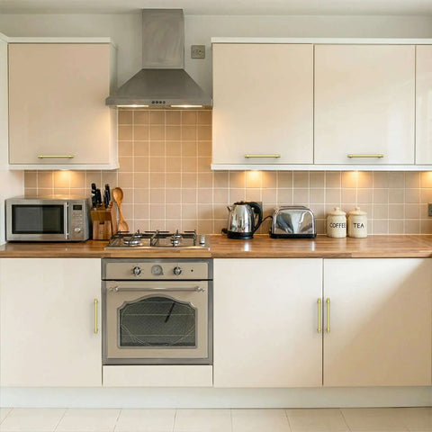 Modern kitchen with cabinets featuring Brushed Gold Cabinet Pulls 5 Inch Zinc Alloy Handles Set of 10 for Kitchen Cabinets Bathrooms Drawers