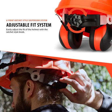 Forestry Safety Helmet With Adjustable Earmuffs And Visor, orange hard hat with adjustable fit system shown in detail.