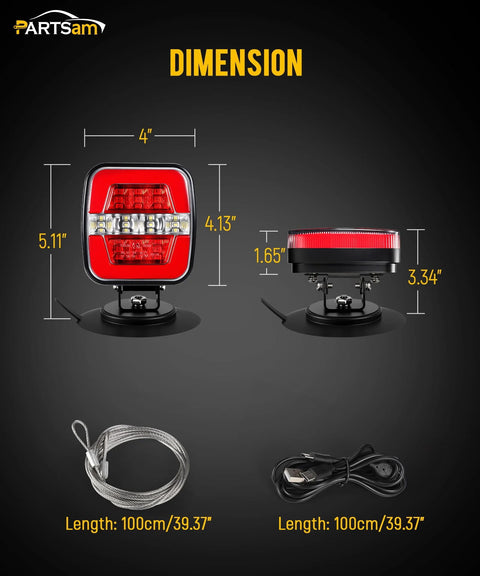 Partsam wireless trailer light kit; red LED tail light on metal base with suction cup, front/side views, 100 cm cables