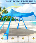 Pop Up Beach Canopy Sun Shelter with UPF Fifty and Ten by Ten Foot Coverage on a sunny beach with windproof frame and sandbags