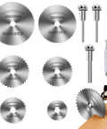 HSS drill saw blades for rotary tools; six silver blades, 22–50 mm diameters with 1/8" or 1/4" shanks (front view)