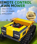 Tracked Remote Control Lawn Mower With 9.5HP Gasoline Engine, 4 Stroke Power, LED Headlights, on grass with badge