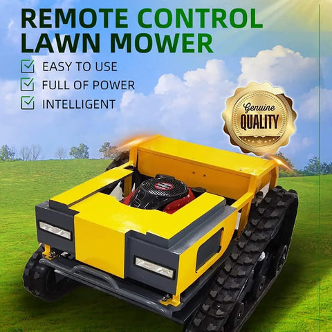 Tracked Remote Control Lawn Mower With 9.5HP Gasoline Engine, 4 Stroke Power, LED Headlights, on grass with badge