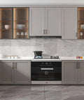 Modern kitchen with 10 Pack Black And Gold Cabinet Pulls 5 1/16 Inch Overall Length With 3 Inch Center Hole installed on gray cabinets.