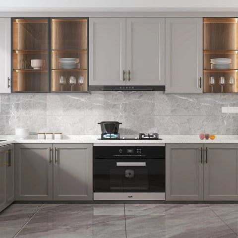 Modern kitchen with 10 Pack Black And Gold Cabinet Pulls 5 1/16 Inch Overall Length With 3 Inch Center Hole installed on gray cabinets.