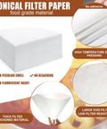 150 Count White Cone Oil Filters 10x10 Inches Pro Grade Grease Filtration Cones For Maple Syrup Making And Kitchen Use In Restaurants Cafes Hotels Food Service - showing stack of filters, texture, and conical shape details.