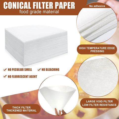 150 Count White Cone Oil Filters 10x10 Inches Pro Grade Grease Filtration Cones For Maple Syrup Making And Kitchen Use In Restaurants Cafes Hotels Food Service - showing stack of filters, texture, and conical shape details.
