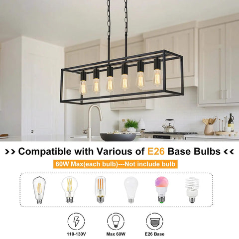 Slick Black 6 Light Linear Chandelier with E26 sockets, modern farmhouse design above kitchen island, matte steel frame.