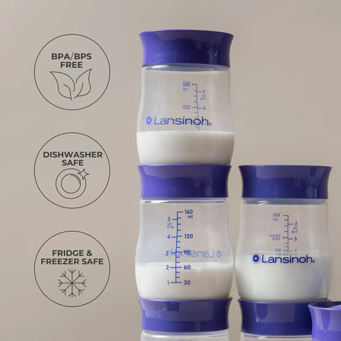 Soft Anti Colic Nipples For Everyday Bottle Feedings Paired With 5 Oz Breastmilk Storage Bottles In A Four Pack stacked bottles.