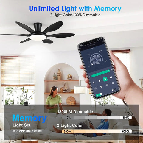 51 Inch Black Modern Ceiling Fan With Lights Remote App Control Quiet DC Motor Dimmable LED Reversible Low Profile Flush Mounted