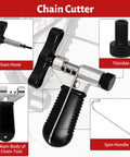 Components of Bike Chain Tool Repair Kit With Link Pliers And Checker, Chain Breaker Tool details including hook, thimble, and handle.