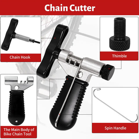 Components of Bike Chain Tool Repair Kit With Link Pliers And Checker, Chain Breaker Tool details including hook, thimble, and handle.