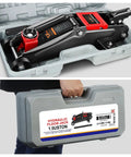 Low Profile Hydraulic Trolley Floor Jack 1.5 Ton Capacity with case, showing black and red heavy duty jack for home garage use