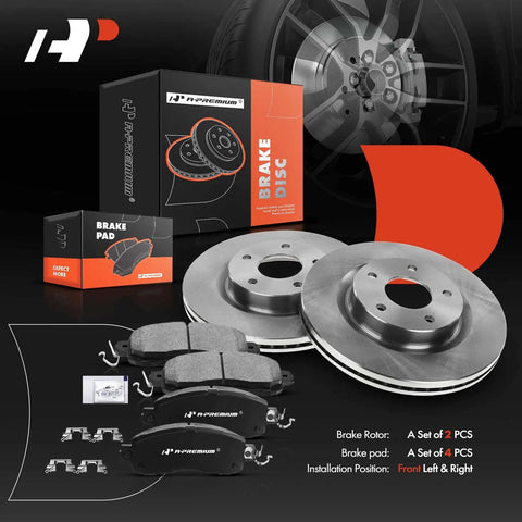 Front Vented Disc Brake Rotors And Ceramic Pads Kit For Nissan Altima 2014 Through 2019 6 Piece Set Durable Stop Power Easy Install Perfect Fit Great Upgrade For Daily Driver with packaging and components visible.