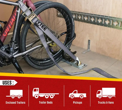 2 Inch By 16 Foot Ratchet E Track Straps With Spring E Fittings 10 Pack securing bicycle in enclosed trailer