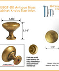 Antique Brass Cabinet Knob Set Six Pack Vintage Bronze Drawer Pulls dimensions and screw details display.