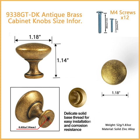 Antique Brass Cabinet Knob Set Six Pack Vintage Bronze Drawer Pulls dimensions and screw details display.
