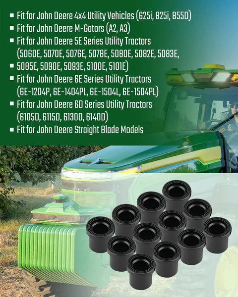 12 Pack Suspension Upper And Lower A Arm Control Lever Flanged Sleeve Bushings Direct Fit For John Deere Xuv 625i 825i 855d M Gator A2 A3 5e 6e 6d Utility on green tractor background.