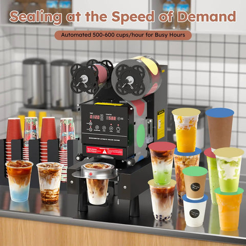 Full Auto Cup Sealing Machine For Bubble Tea Spots 88 89 90 95 Mm Electric Boba Sealer 600 Cups Per Hour on counter with drinks