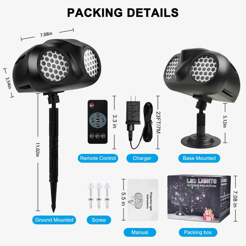 Outdoor Dope Christmas Projector Lights Dual Head Snowflake Projector With RF Remote and accessories in packaging