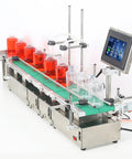 Ready To Roll Heavy Duty Automatic Liquid Filling Machine Double Head Bottle Dispenser For Beverage Alcohol And Oil Anti Drip Setup That Runs Like A Charm with red liquids in jars on conveyor.