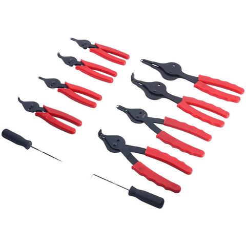 10 Piece Snap Ring Pliers Set For Internal And External Circlip Pliers Retaining Ring Pliers Quick Conversion Thumbscrew With Pivoting Jaws Pro Grade Heavy Duty Tool Kit For Cars Trucks Motorcycles And More, shown on a white background.