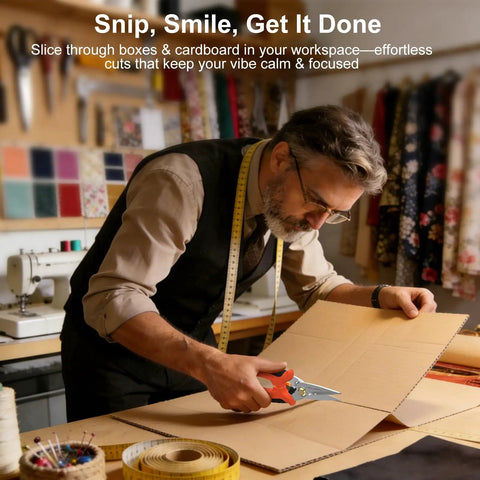 Person using 7 Inch Heavy Duty Gravity Shears With Micro Serrated Japanese SUS420J2 Blades to cut cardboard in a studio.
