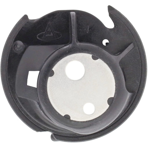 Bobbin case for Brother/Babylock sewing machines; black plastic with silver metal insert, round shape.