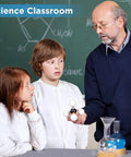 Science teacher showing model to kids in white lab coats with elastic cuffs for home or class experiments.