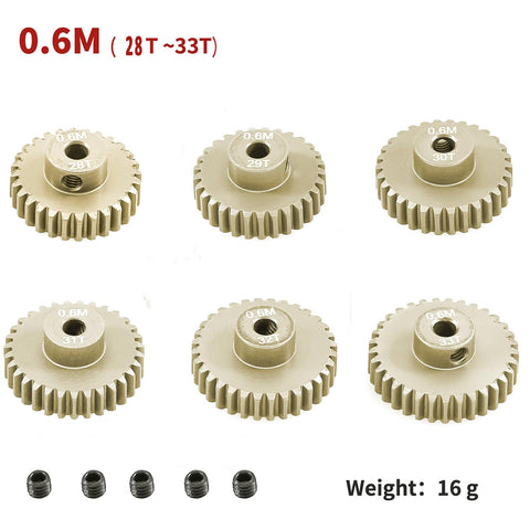 0.6 Mod Pinion Gear Set For One Tenth RC Cars 3.175mm Pitch 28T 29T 30T 31T 32T 33T Six Piece Pack In 7075 Aluminum Alloy Metal Pinion Gears
