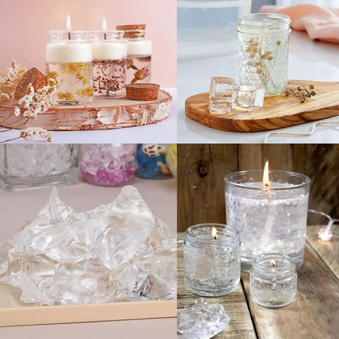 DIY Jelly Gel Wax Candles Making Kit With 1.1 Lb Clear Gel Wax For Beginners Includes 20 Wicks 20 Wick Stickers 5 Extra Wick Stickers Smokeless Safe Melt Easy Peasy Gift For Birthdays And Christmas Decor Lovers displayed with finished candles and materials.