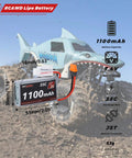 Beefy 2S 1100mAh LiPo Battery With EC2 Female To IC2 Male Plug And 3S 7.4V 1.3A Charger for RC upgrades, shown with specs and RC car background.