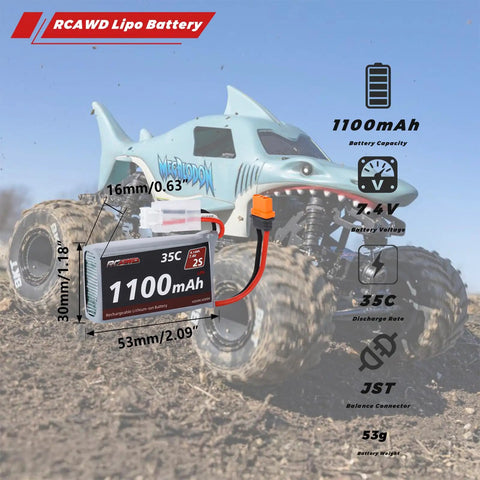 Beefy 2S 1100mAh LiPo Battery With EC2 Female To IC2 Male Plug And 3S 7.4V 1.3A Charger for RC upgrades, shown with specs and RC car background.