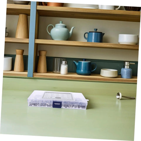 Beefy 300 Piece Stainless Steel Set Screws Kit With Allen Wrenches on kitchen counter with wooden shelves in background
