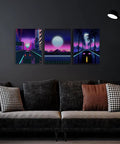 Neon Cyberpunk City Wall Art Set, 3 Panels, 12x16 Inches, Teen Boy Room Decor, Cars Driving Through Neon Suburbs, Retro 80s Inspired Landscape Canvas For Bedroom, Living Room, Or Office displayed above a dark sofa.