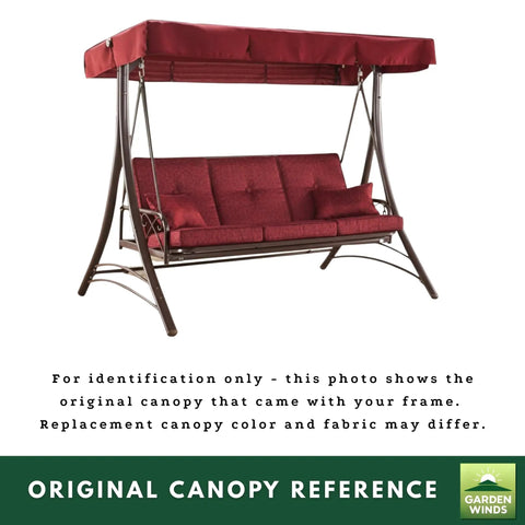 Garden swing with original maroon canopy for reference, showing design structure before installing Beefy 350 Denier Beige Replacement Canopy Top.